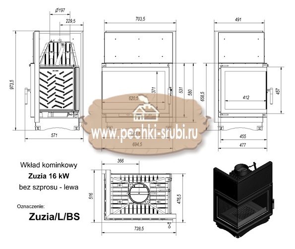 Каминная топка Kratki "Zuzia/L/BS" (угловое стекло слева) Каминная топка Kratki "Zuzia/L/BS" (угловое стекло слева)