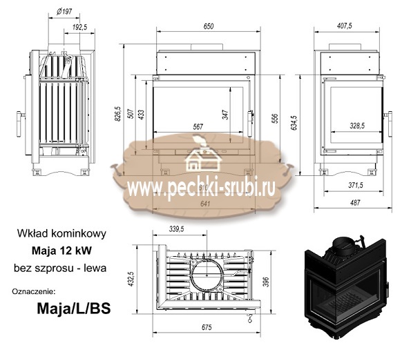 Каминная топка Kratki "Maja/L/BS" (угловое стекло слева) Каминная топка Kratki "Maja/L/BS" (угловое стекло слева)