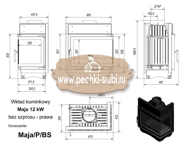 Каминная топка Kratki "Maja/P/BS" (угловое стекло справа) Каминная топка Kratki "Maja/P/BS" (угловое стекло справа)